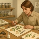 Una persona che crea un erbario, disponendo piante pressate su un foglio con strumenti botanici su un tavolo.