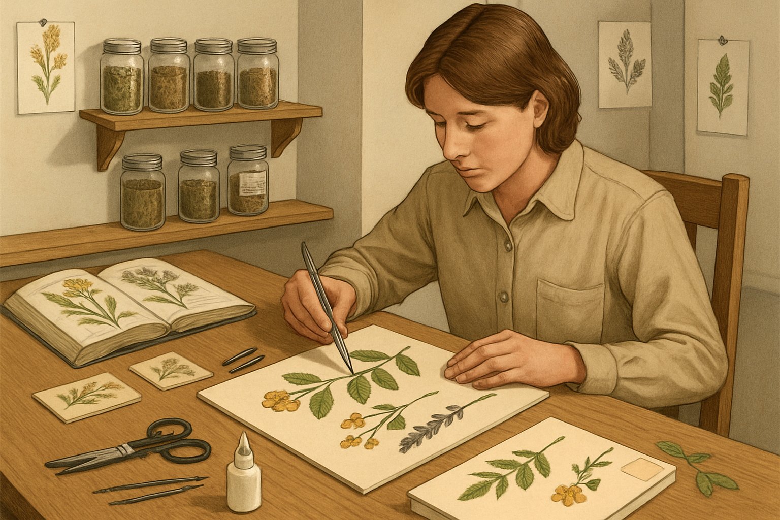 Una persona che crea un erbario, disponendo piante pressate su un foglio con strumenti botanici su un tavolo.