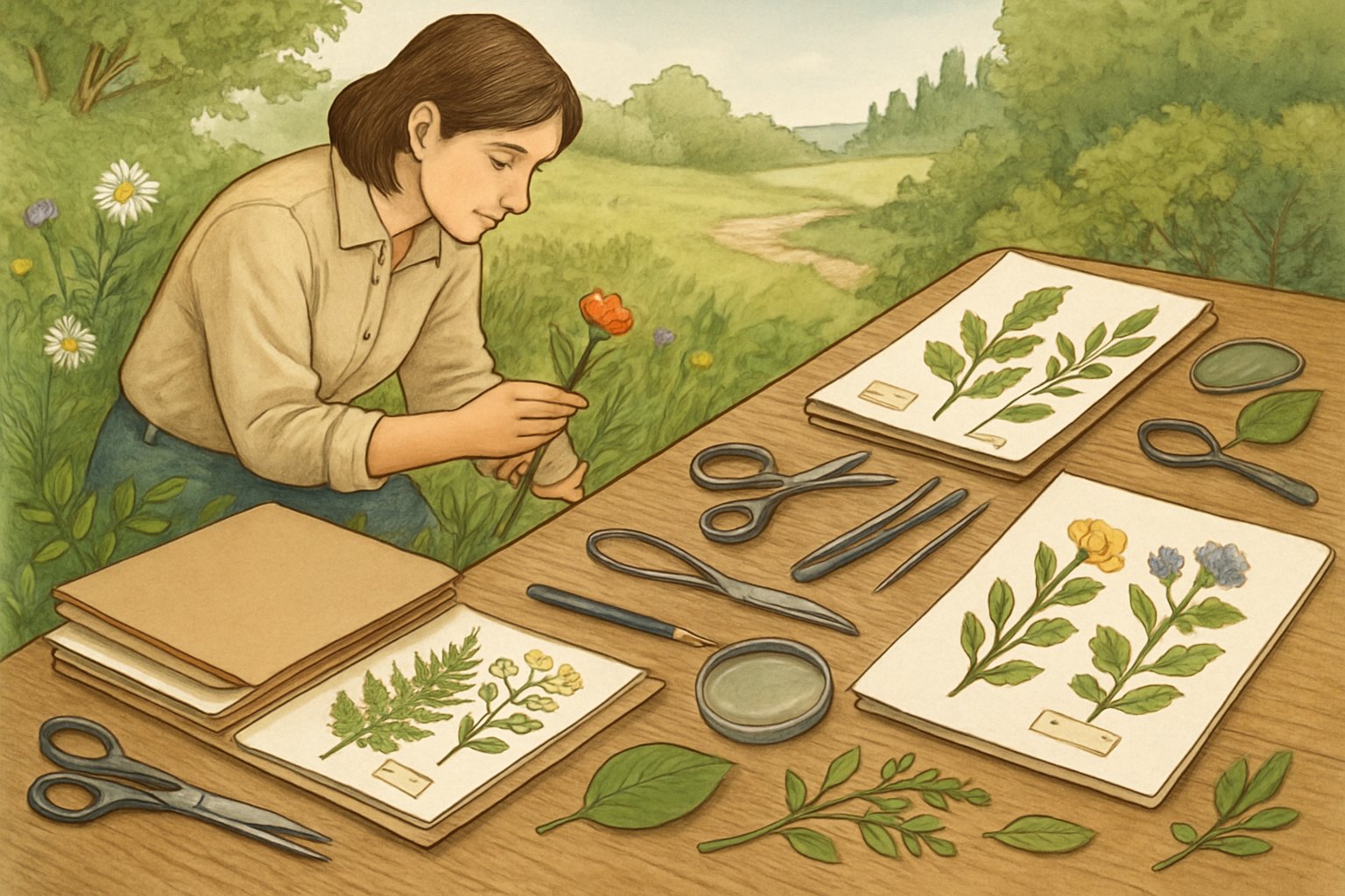 Persona che raccoglie e organizza piante per creare un erbario, con strumenti e fogli per pressare e catalogare le piante.