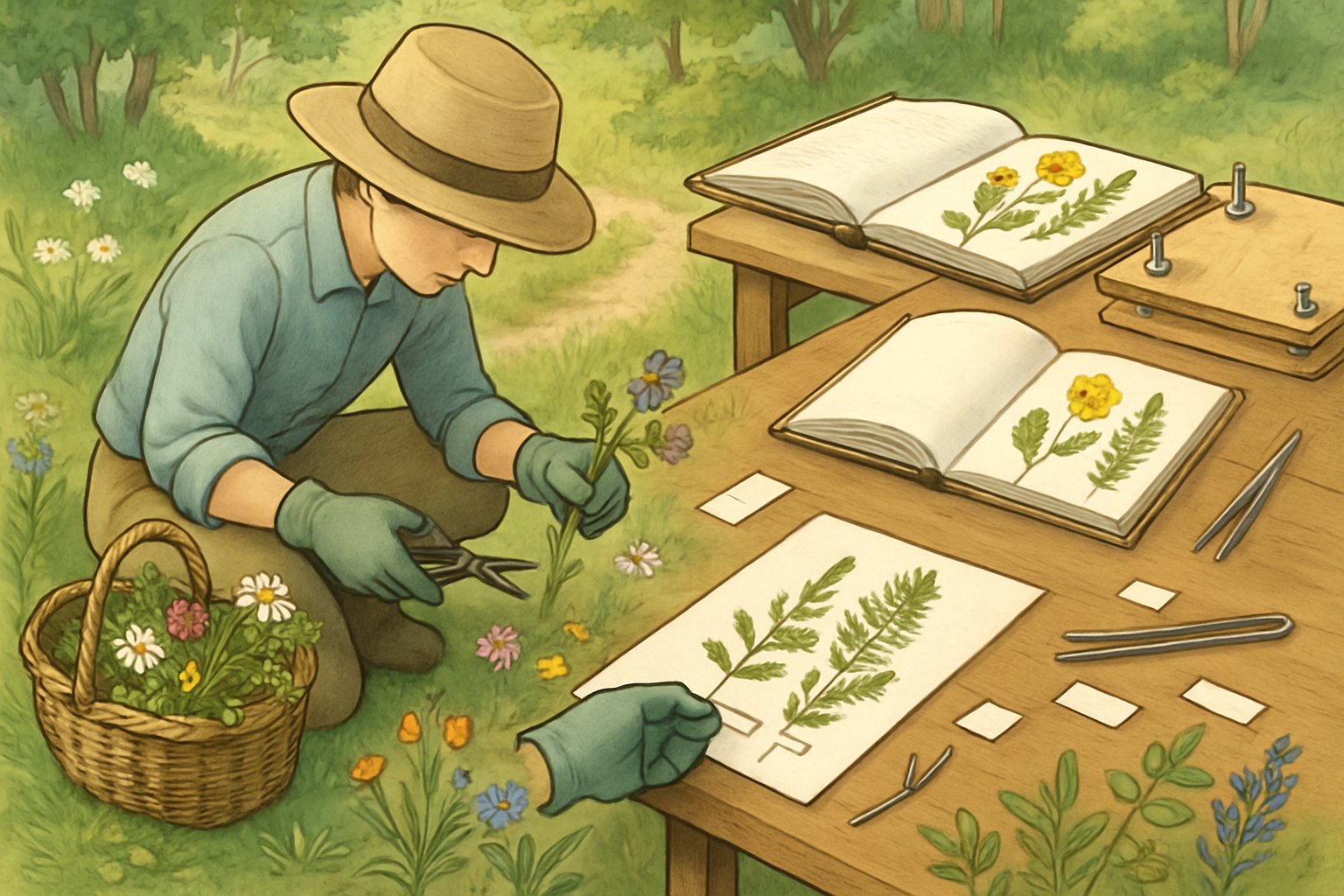 Una persona raccoglie piante all'aperto e le prepara su un tavolo con strumenti per creare un erbario.