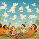 Persone sdraiate sull'erba in un parco che guardano il cielo azzurro con nuvole bianche dalle forme diverse.