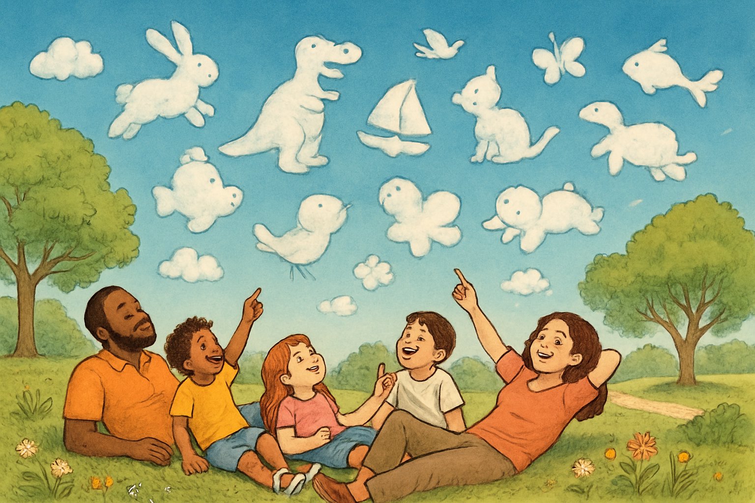 Persone sdraiate sull'erba in un parco che guardano il cielo azzurro con nuvole bianche dalle forme diverse.