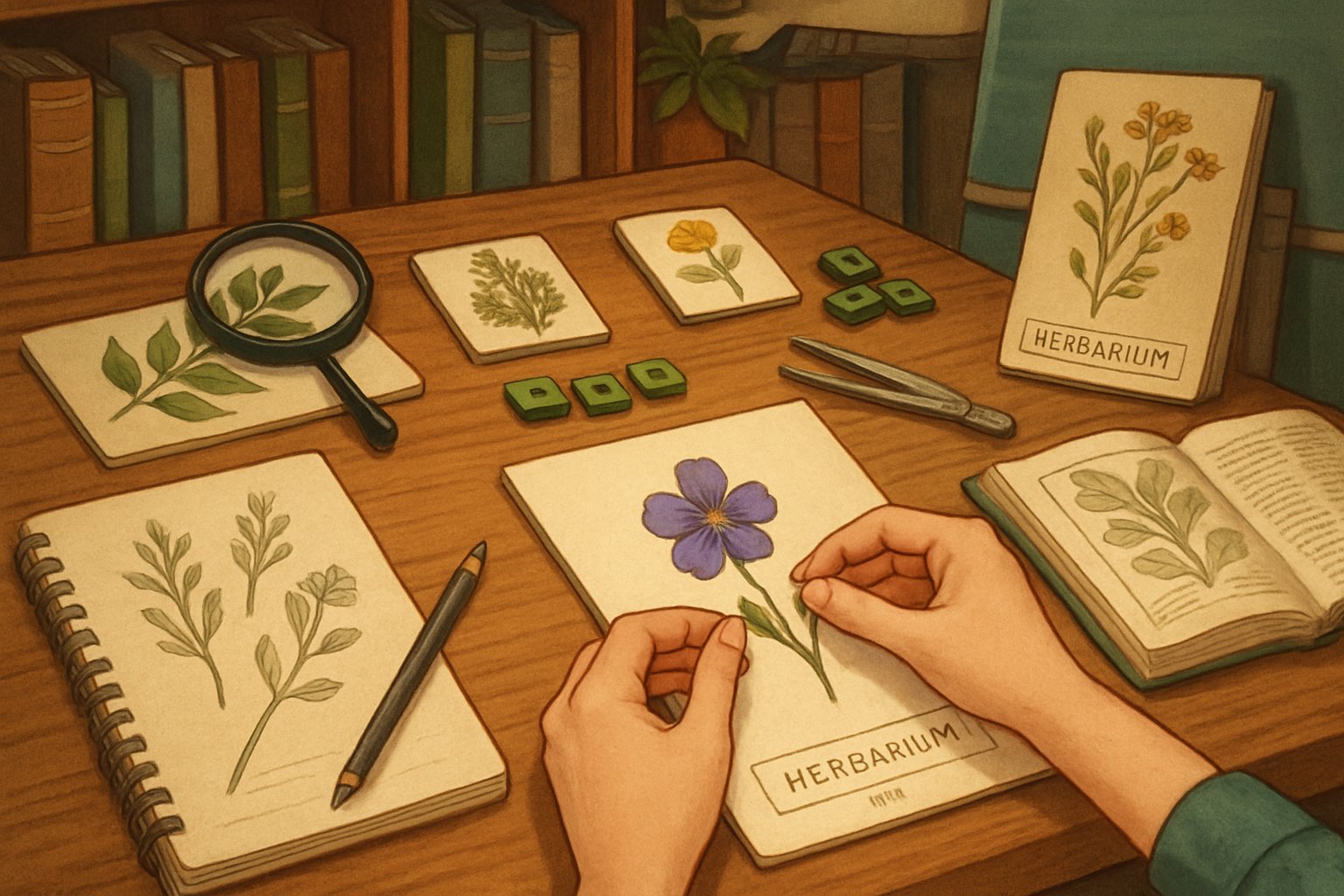 Mani che preparano schede di erbario con foglie e fiori pressati su un tavolo con strumenti botanici e libri sullo sfondo.