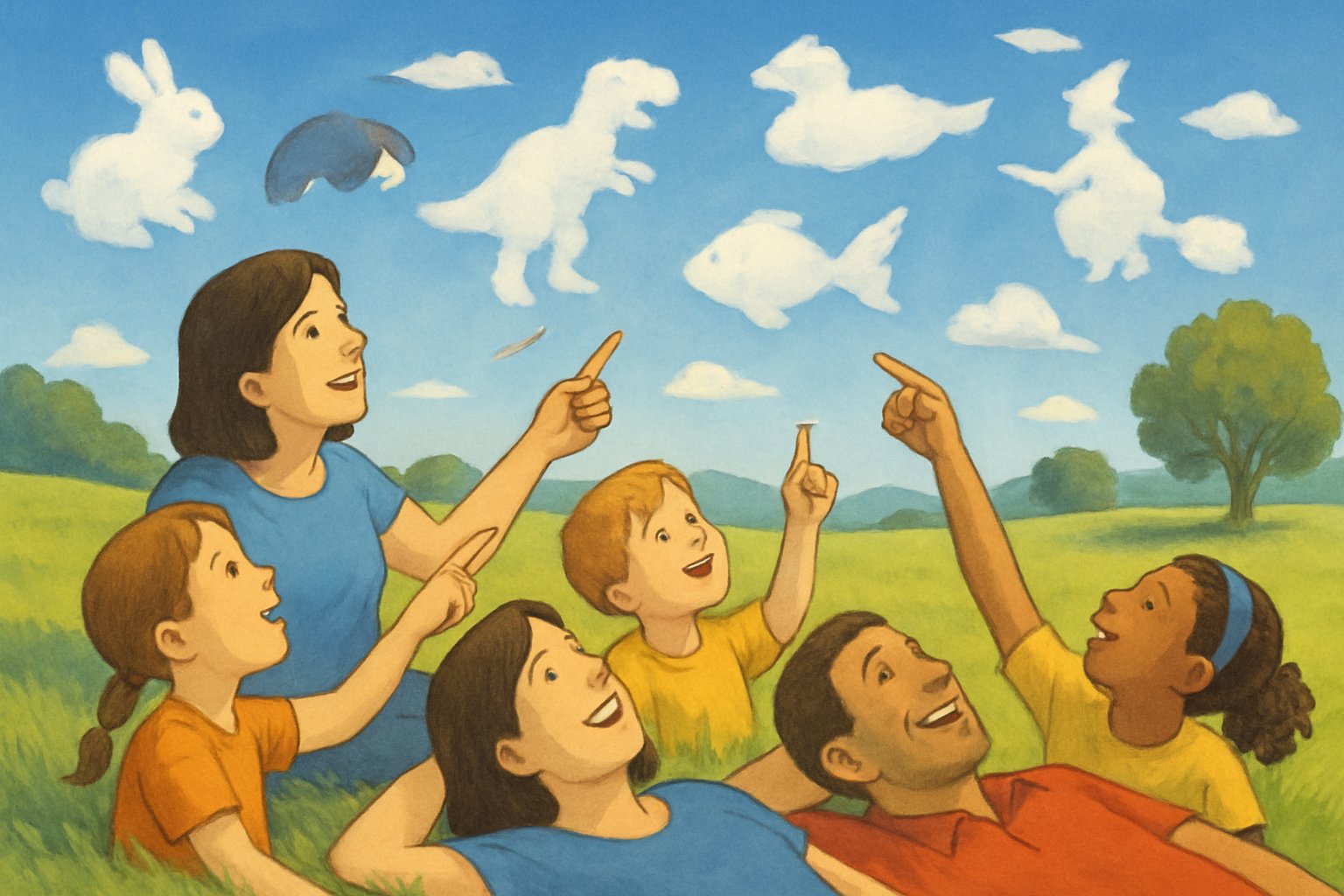 Persone sdraiate sull'erba che osservano il cielo con nuvole dalle forme diverse in una giornata soleggiata.