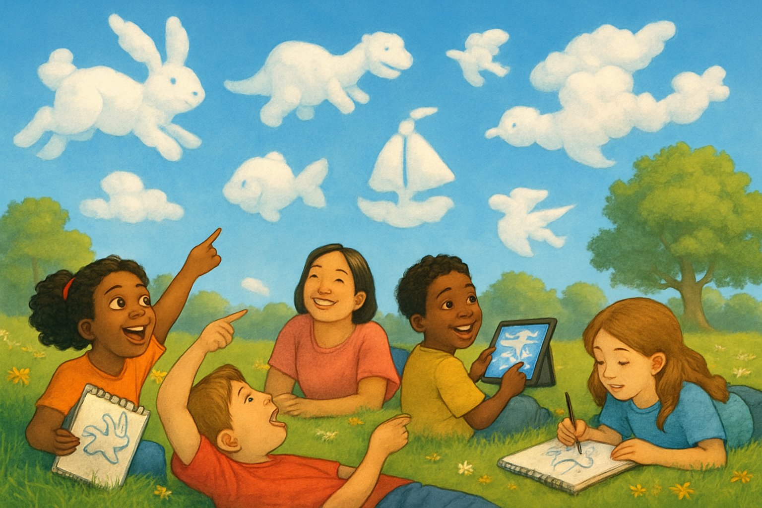 Persone di diverse età sdraiate su un prato osservano nuvole con forme di animali e oggetti, alcune disegnano mentre altre indicano le nuvole nel cielo azzurro.