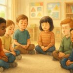 Un gruppo di bambini seduti in cerchio in una classe, intenti a giocare in silenzio con espressioni calme e concentrate.
