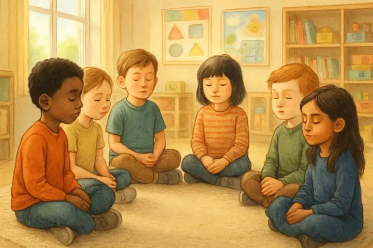 Un gruppo di bambini seduti in cerchio in una classe, intenti a giocare in silenzio con espressioni calme e concentrate.