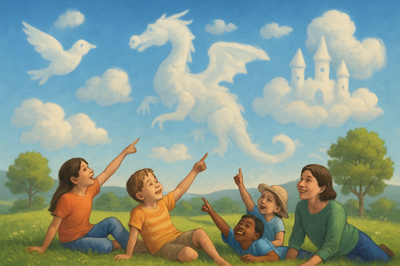 Persone sdraiate su una collina che osservano il cielo con nuvole di forme diverse e immaginative.