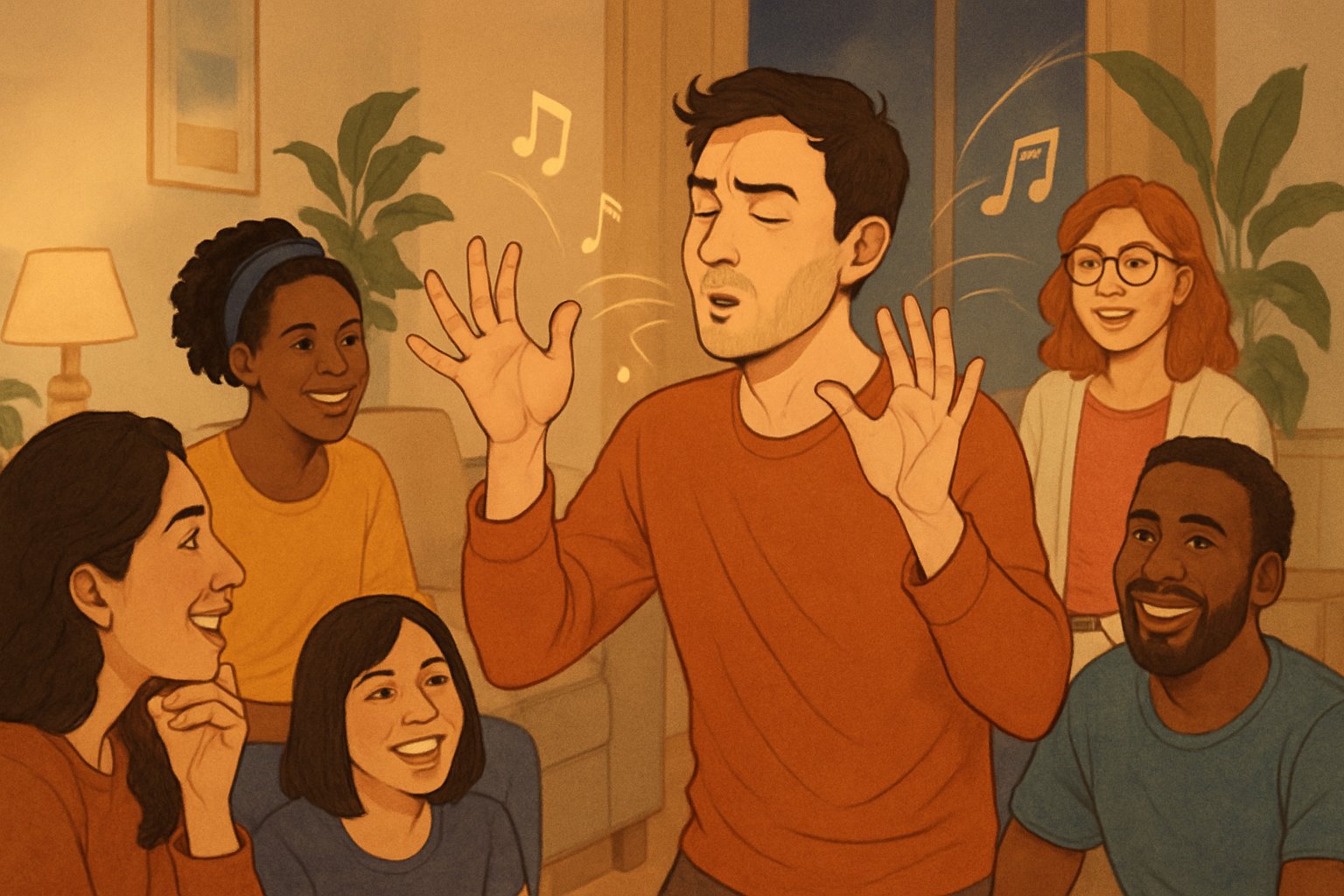 Un gruppo di persone gioca insieme a Mimo Sonoro, una persona mimica un suono mentre gli altri ascoltano e cercano di indovinare.