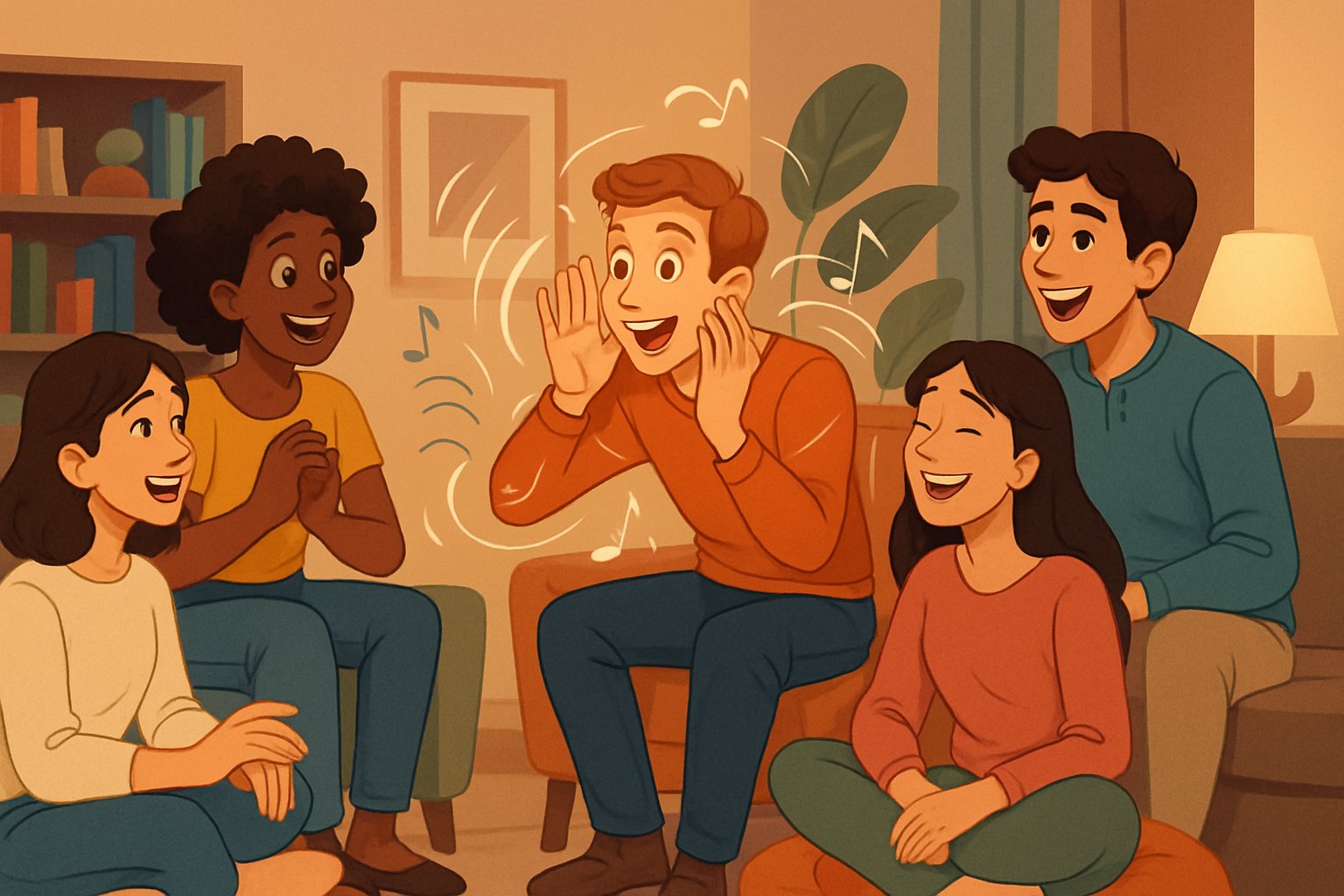 Persone sedute in cerchio che giocano a un gioco in cui una persona imita suoni e gli altri cercano di indovinarli.