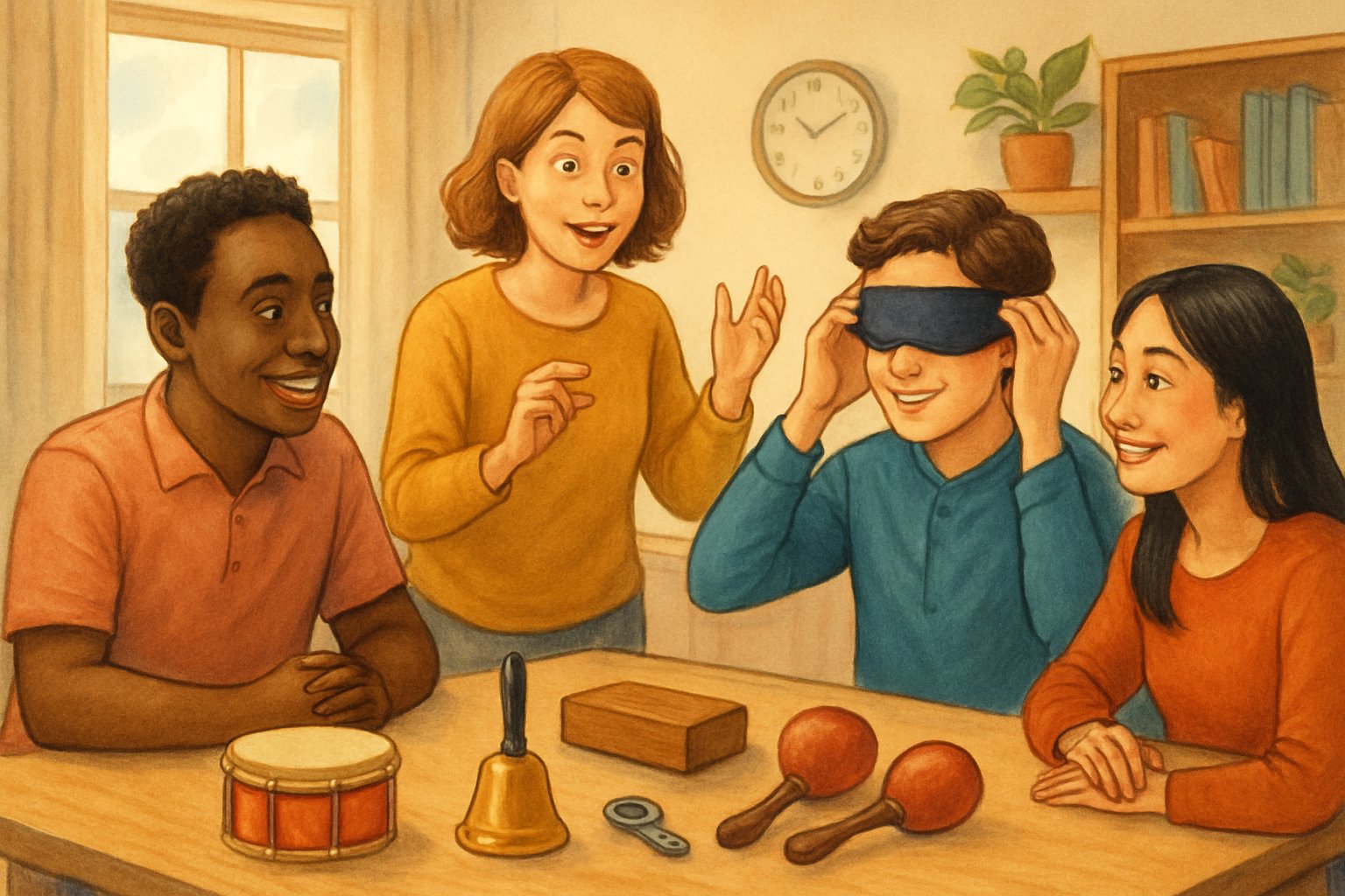 Persone riunite intorno a un tavolo con oggetti per fare suoni, preparandosi a giocare a un gioco di indovinare suoni.