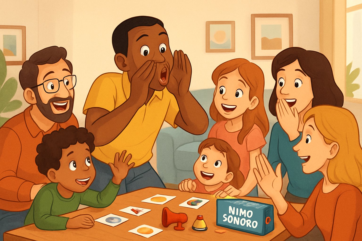 Un gruppo di persone gioca insieme a un gioco da tavolo, una persona mimica un suono mentre gli altri cercano di indovinarlo, in un ambiente accogliente e luminoso.