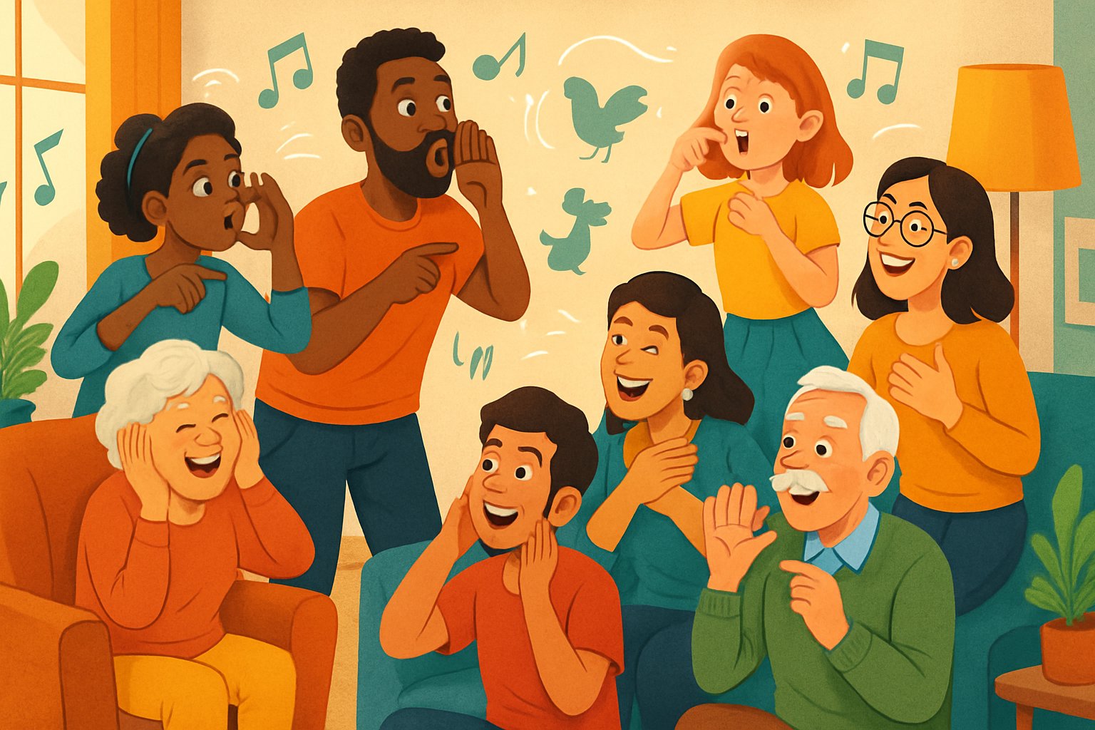Un gruppo di persone che giocano insieme a un gioco in cui mimano suoni, in una stanza accogliente e luminosa.